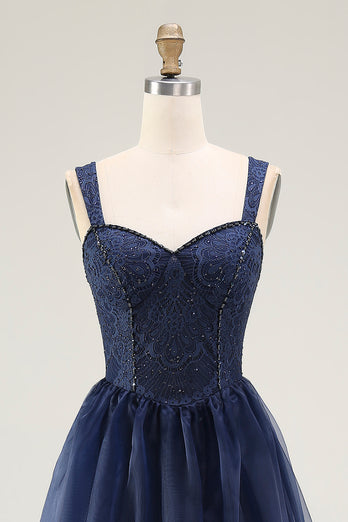 Navy A Line Spaghetti Straps Long Prom Dress