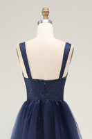 Load image into Gallery viewer, Navy A Line Spaghetti Straps Long Prom Dress