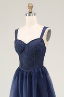 Load image into Gallery viewer, Navy A Line Spaghetti Straps Long Prom Dress