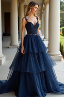 Load image into Gallery viewer, Tiered Navy Lace A Line Long Prom Dress