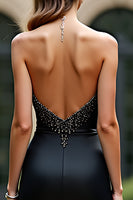 Load image into Gallery viewer, Black Sheath Strapless Satin Long Prom Dress with Beading