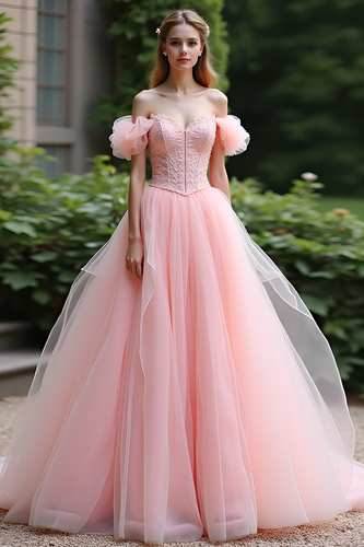 Pink Ball Gown Off the Shoulder Long Tulle Prom Dress