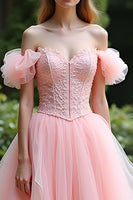 Load image into Gallery viewer, Pink Ball Gown Off the Shoulder Long Tulle Prom Dress