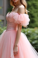 Load image into Gallery viewer, Pink Ball Gown Off the Shoulder Long Tulle Prom Dress