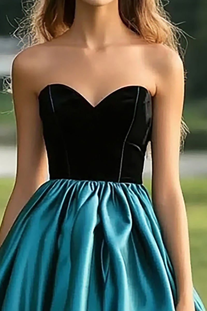 Load image into Gallery viewer, Black Peacock Blue Ball Gown Strapless Long Satin Prom Dress
