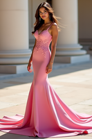 Load image into Gallery viewer, Pink Satin Long Mermaid Prom Dress with Lace