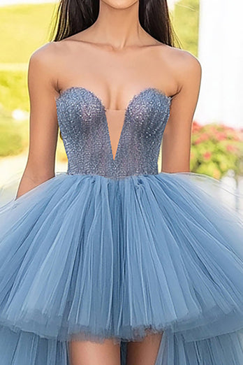Grey Blue Tulle High-Low Long Prom Dress