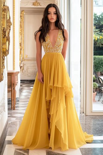 Yellow V-Neck A Line Long Chiffon Prom Dress with Lace