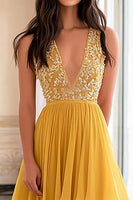 Load image into Gallery viewer, Yellow V-Neck A Line Long Chiffon Prom Dress with Lace