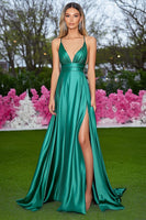 Load image into Gallery viewer, Green A Line Deep V-Neck Long Satin Prom Dress with Slit