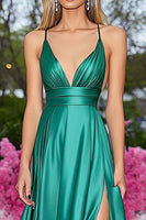 Load image into Gallery viewer, Green A Line Deep V-Neck Long Satin Prom Dress with Slit