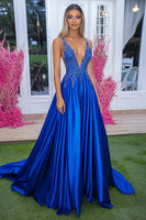 Load image into Gallery viewer, Royal Blue Ball Gown V-Neck Long Prom Dress with Appliques