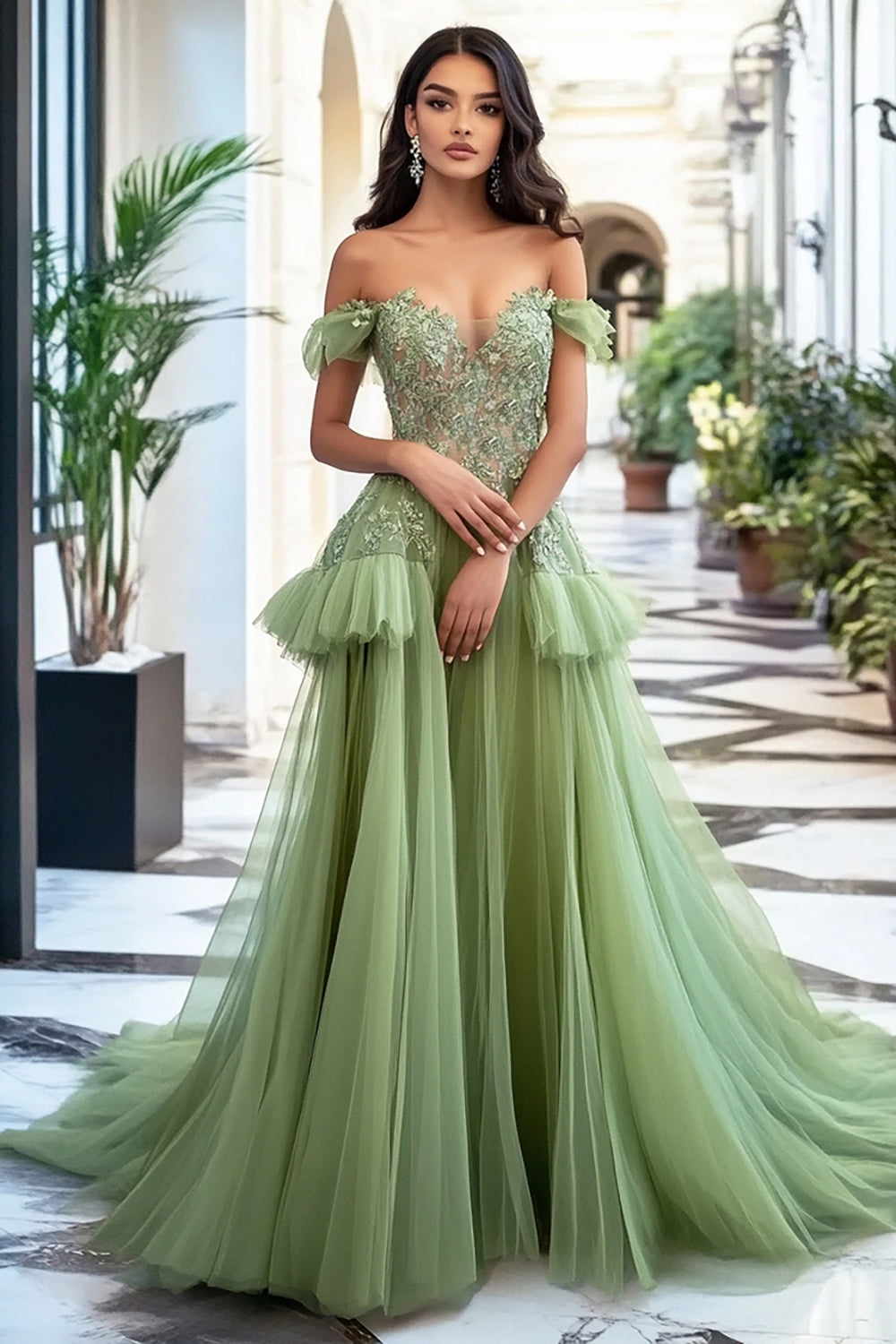 Dusty Sage Tulle Long Prom Dress with Lace