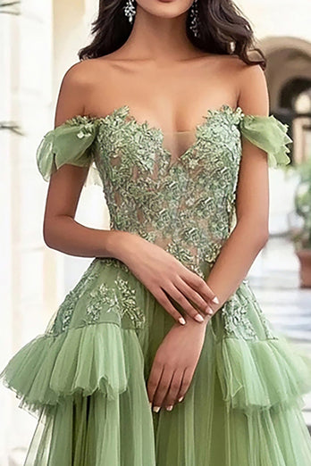 Dusty Sage Tulle Long Prom Dress with Lace