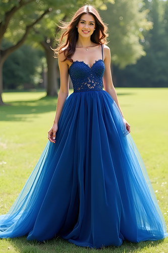 Navy Ball Gown Tulle Long Prom Dress with Lace