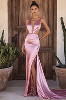Load image into Gallery viewer, Pink Mermaid Cut-Out Long Satin Prom Dress with Slit