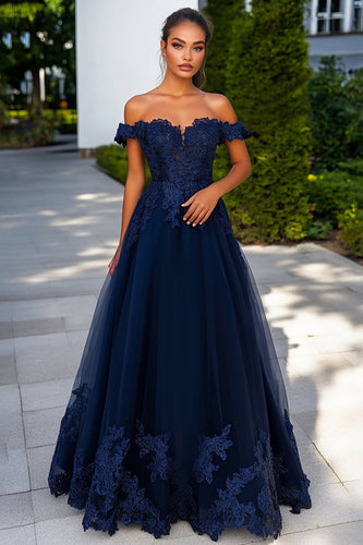 Navy Tulle A Line Long Prom Dress with Lace