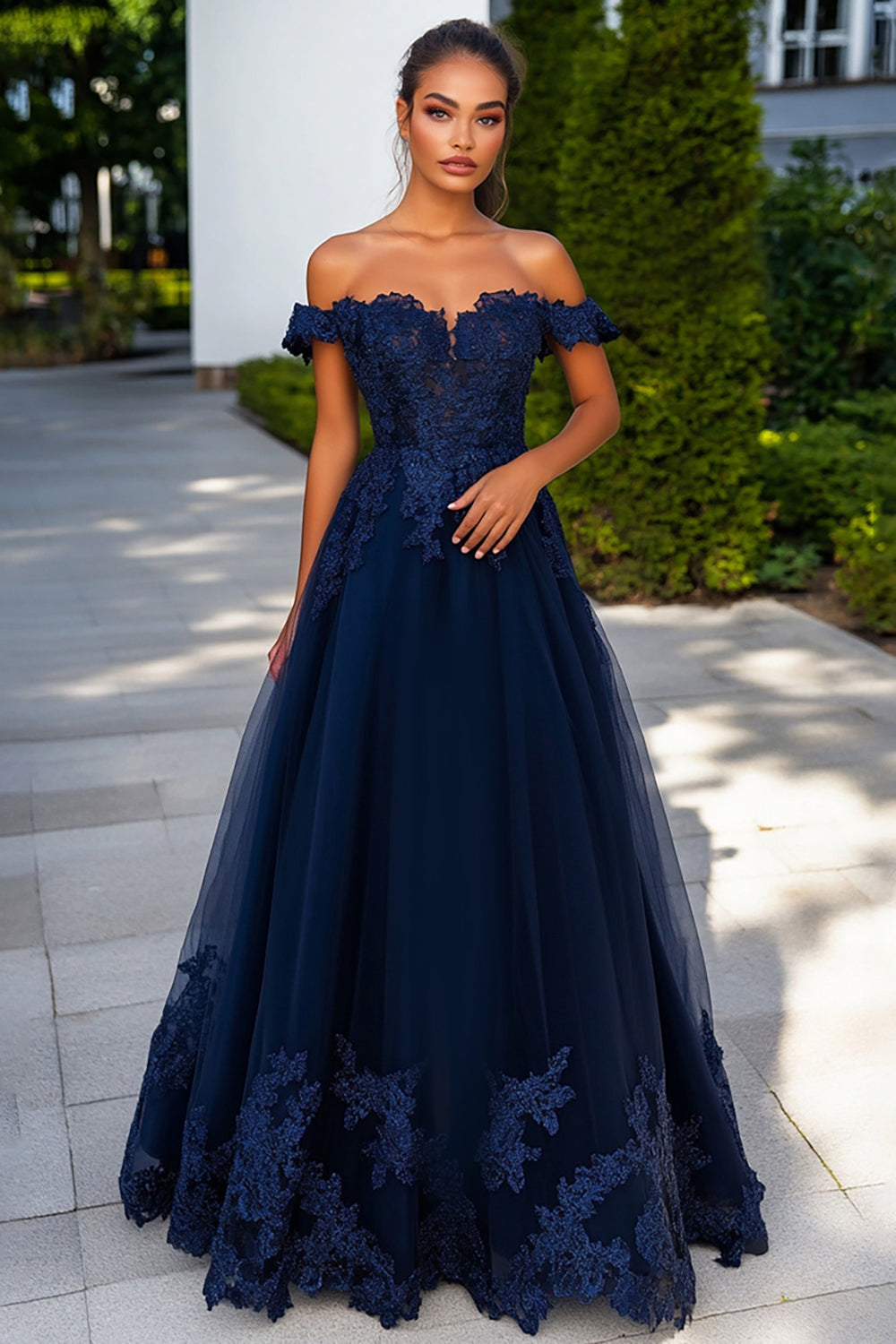 Navy Tulle A Line Long Prom Dress with Lace