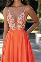 Load image into Gallery viewer, Orange V-Neck A Line Long Prom Dress with Appliques