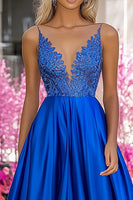 Load image into Gallery viewer, Royal Blue A Line V-Neck Long Prom Dress with Appliques