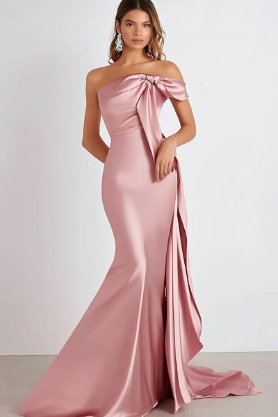 Pink Sheath One Shoulder Long Satin Formal Dress
