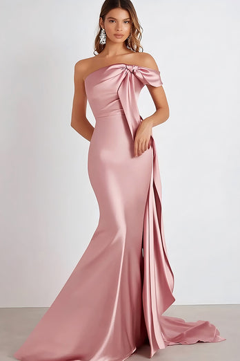 Pink Sheath One Shoulder Long Satin Formal Dress