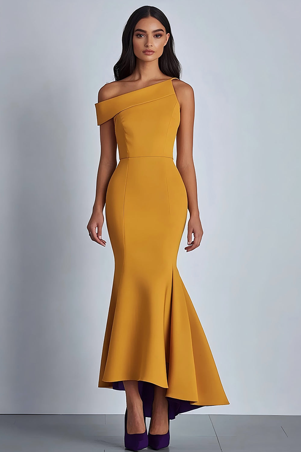 Yellow Ankle-Length Satin One Shoulder Formal Dress