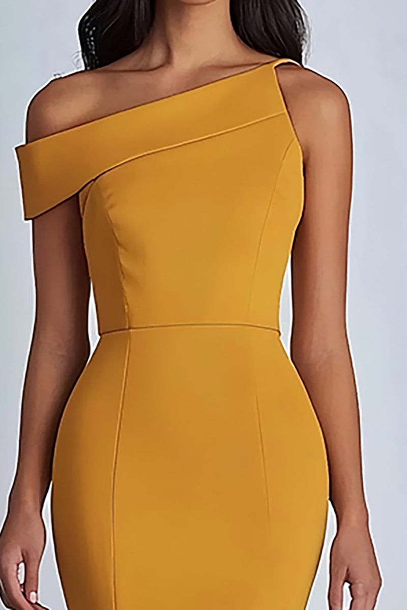 Load image into Gallery viewer, Yellow Ankle-Length Satin One Shoulder Formal Dress