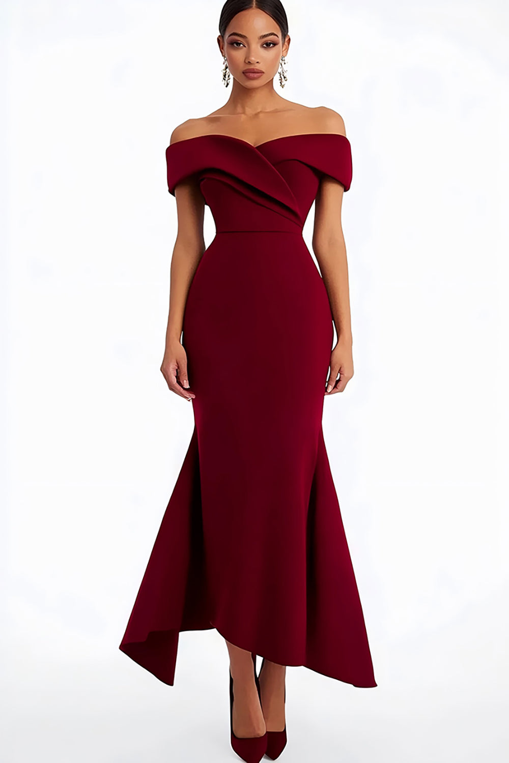 Burgundy Ankle-Length Off the Shoulder Satin Formal Dress