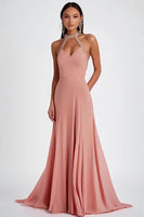 Load image into Gallery viewer, Halter Pink Ruched Long Formal Dress with Beading