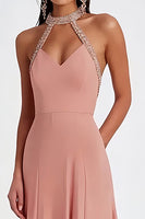 Load image into Gallery viewer, Halter Pink Ruched Long Formal Dress with Beading