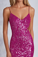 Load image into Gallery viewer, Sparkly Fuchsia Spaghetti Straps Sheath Sequins Long Formal Dress