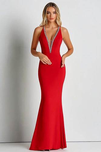 Red Deep V-Neck Long Sheath Formal Dress with Beading
