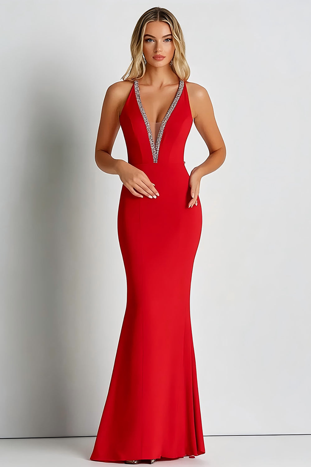 Red Deep V-Neck Long Sheath Formal Dress with Beading