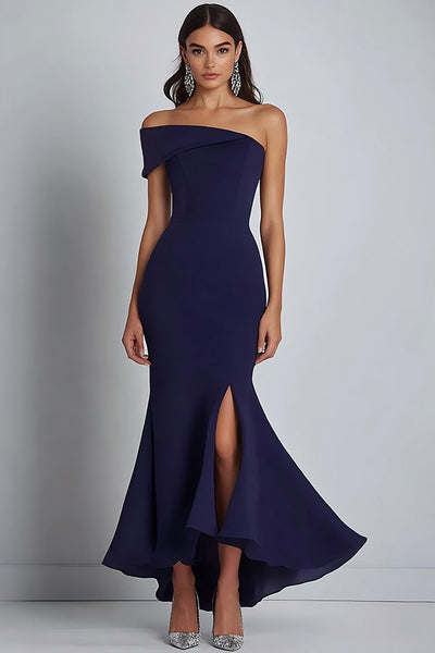Navy Satin Off the Shoulder Sheath Long Formal Dress with Slit