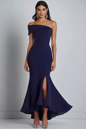 Navy Satin Off the Shoulder Sheath Long Formal Dress with Slit