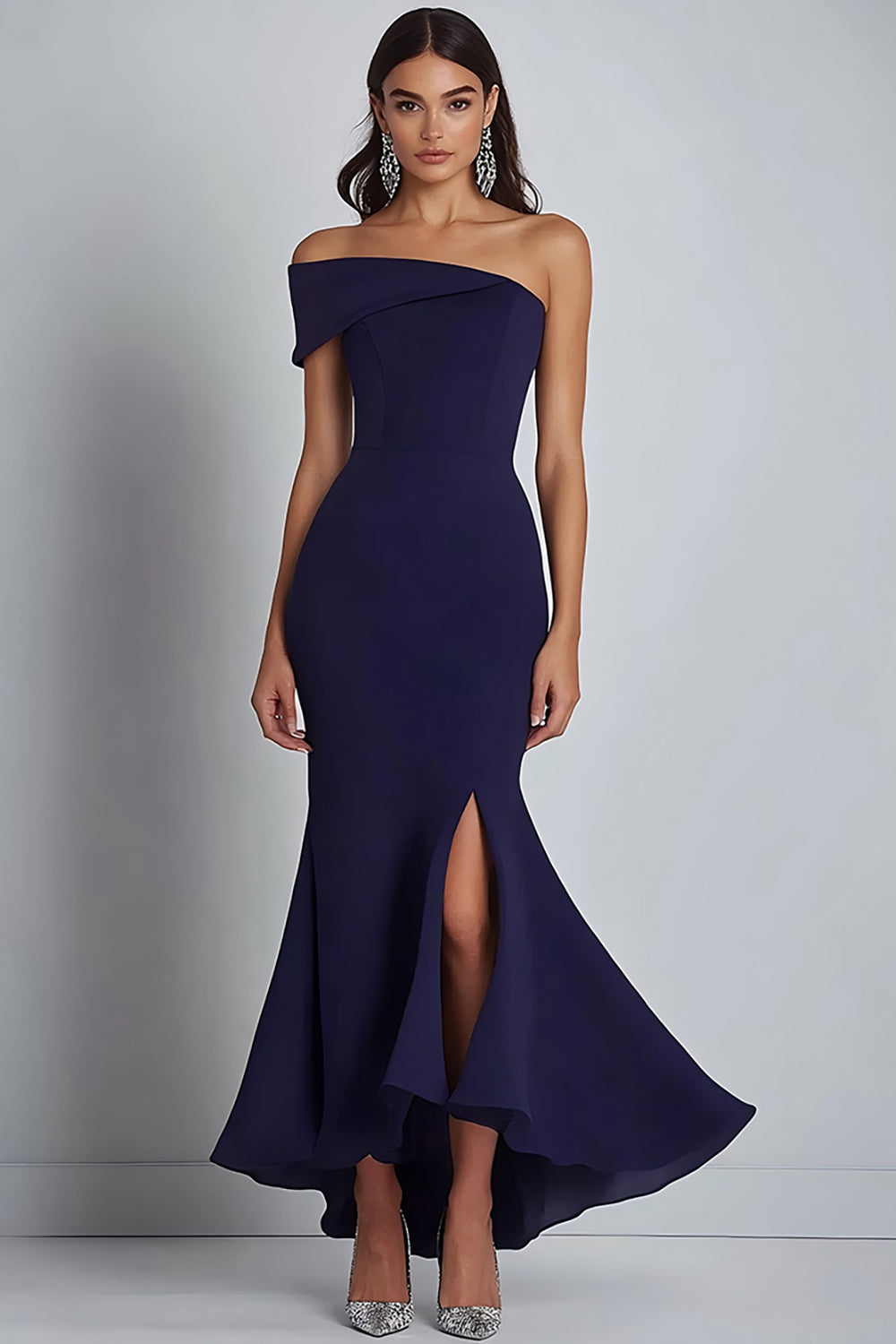 Navy Satin Off the Shoulder Sheath Long Formal Dress with Slit