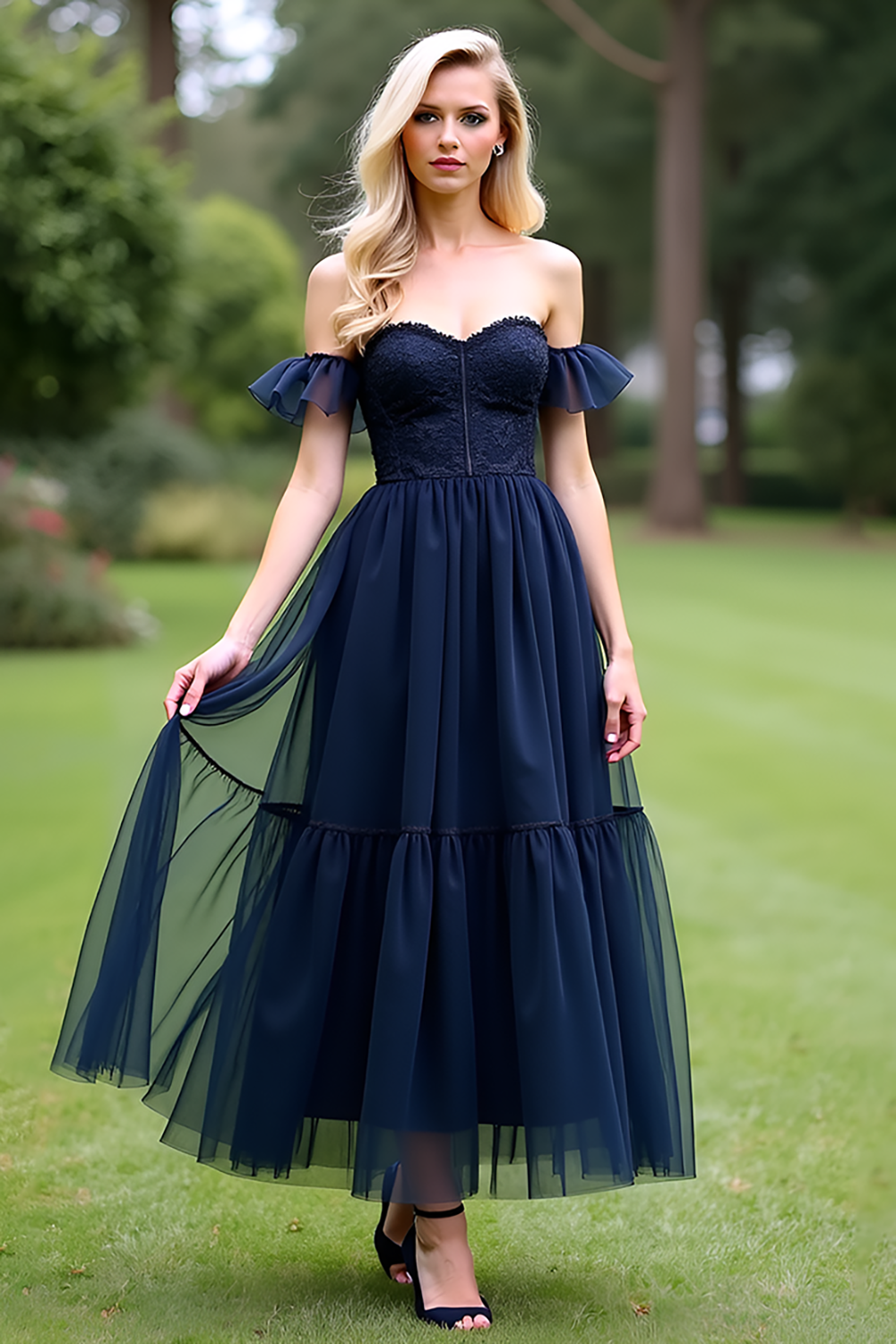 A Line Tulle Navy Off the Shoulder Sweetheart Formal Dress