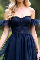 Load image into Gallery viewer, A Line Tulle Navy Off the Shoulder Sweetheart Formal Dress