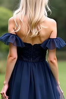 Load image into Gallery viewer, A Line Tulle Navy Off the Shoulder Sweetheart Formal Dress