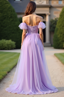 Load image into Gallery viewer, Lilac Off the Shoulder Lace Long Formal Dress with Ruffles