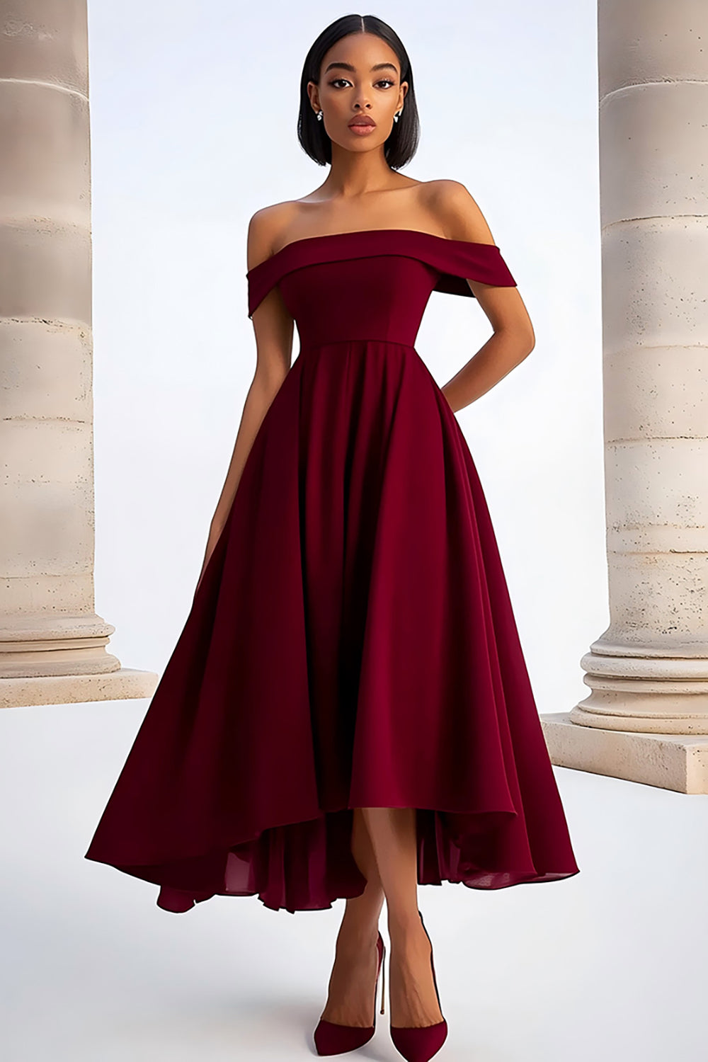 Ruched Burgundy A Line Off the Shoulder Tea-Length Formal Dress