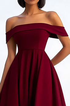 Ruched Burgundy A Line Off the Shoulder Tea-Length Formal Dress