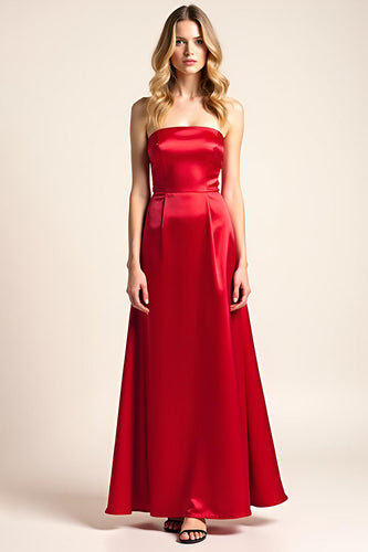 Satin Red Square Neck Backless Strapless Long Formal Dress