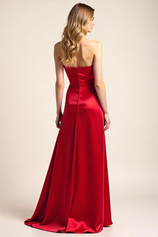 Satin Red Square Neck Backless Strapless Long Formal Dress