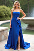 Load image into Gallery viewer, Royal Blue Ruffled A Line Strapless Long Formal Dress with Slit