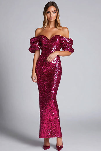 Sparkly Fuchsia Off the Shoulder Mermaid Long Sequins Formal Dress