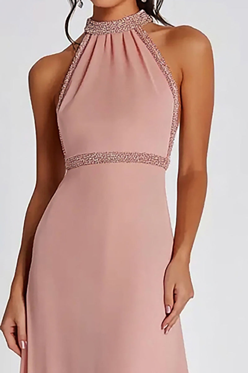 Load image into Gallery viewer, Pink Halter Sheath Long Formal Dress with Beading