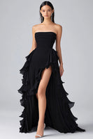 Load image into Gallery viewer, Black Strapless Tiered Long Chiffon Formal Dress with Slit