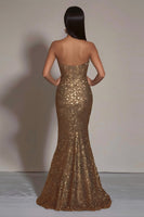 Load image into Gallery viewer, Sparkly Sequins Gold Strapless Mermaid Long Formal Dress with Slit